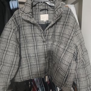 plaid black and white puffer coat